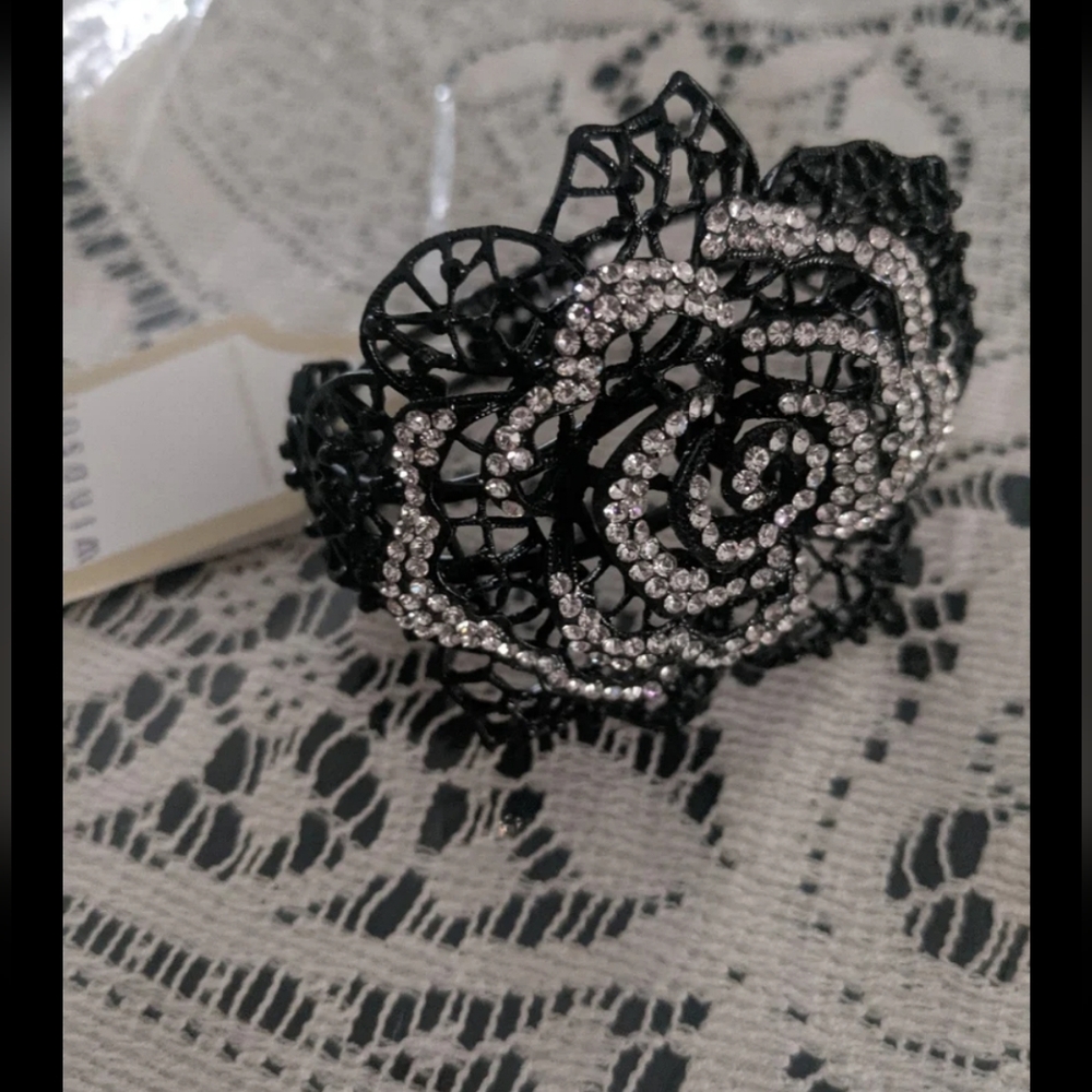 Retro Fashion Jewelry Black Floral Goth Rhinestone Cuff Bracelet Costume Cosplay